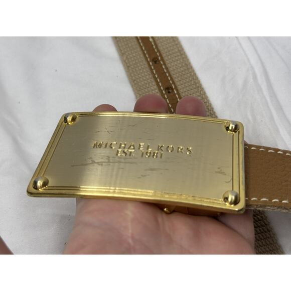 Michael Kors Reversible Belt Beige Canvas Faux Leather Goldtone Logo Buckle Sz M main image 6